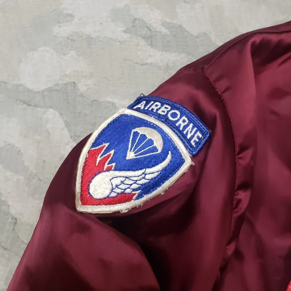VTG Airborne American Satin Jacket Mens Large Red Snap Up Bomber Quarter Master